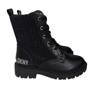 DKNY Black Faux Leather Crystal Side Zip Combat Boots Youth Girls Size 12 New